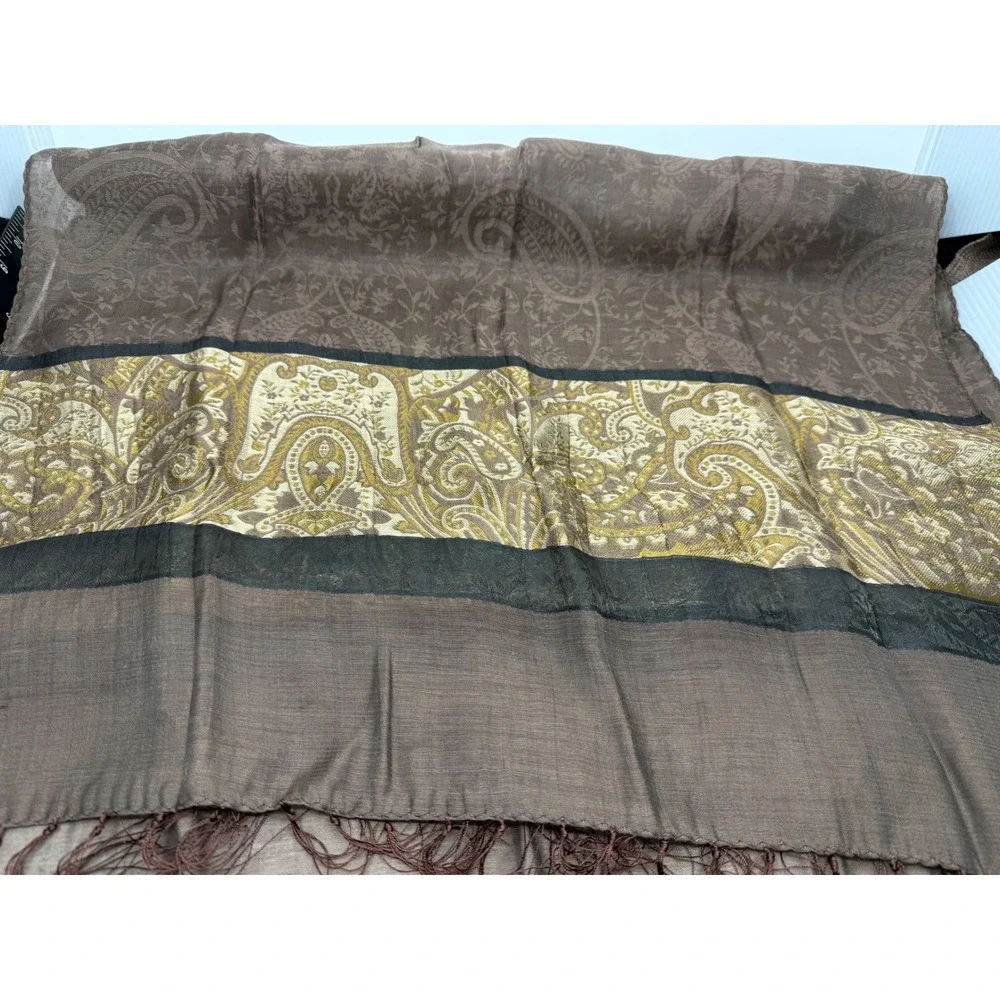 Brown Paisley Pashmina Shawl Gold Black Border Fringed Evening Wrap 67x22